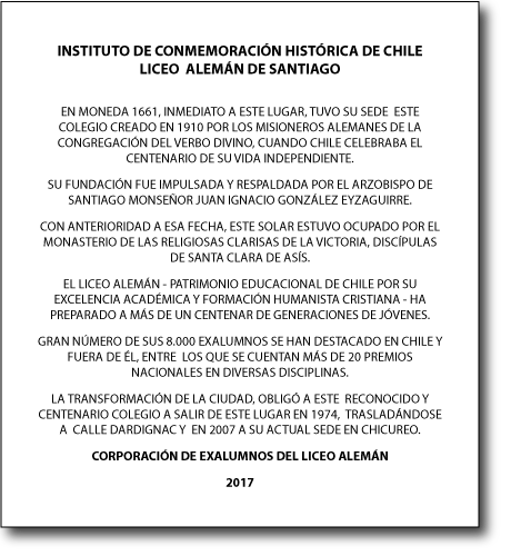 Instalación de Placa conmemorativa donde estuvo la sede de Moneda - Corporación de Exalumnos del Liceo Alemán